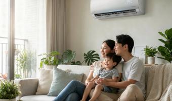 Asian couple enjoying their inverter air conditioner at home Air conditioner should be visible and the main highlight. Remove air lines Smiling and not directly looking at the camera